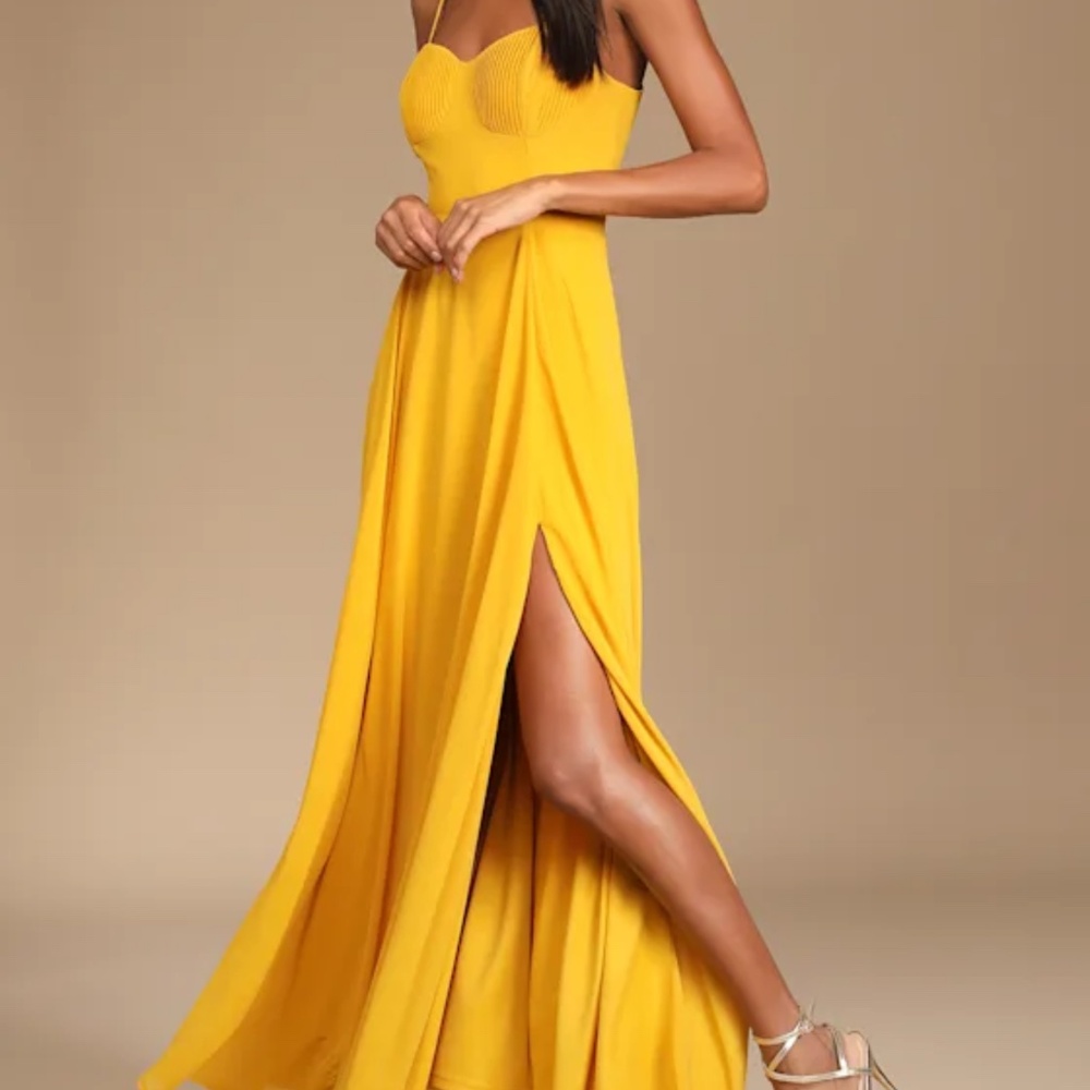 Lulus Cause For Commotion Golden Yellow Pleated Bustier Maxi Dress - Size S